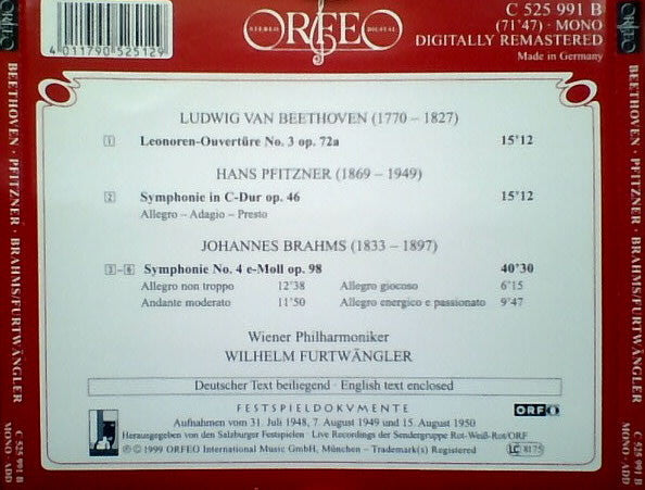 Beethoven*, Pfitzner*, Brahms*, Wiener Philharmoniker, Wilhelm Furtwängler : Leonoren-Ouvertüre No. 3 / Symphonie C-dur / Symphonie No. 4 (CD, Mono, RM)