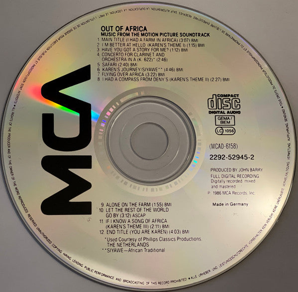 John Barry : Out Of Africa (Music From The Motion Picture Soundtrack) (CD, Album, RE)