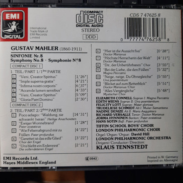 Gustav Mahler, Klaus Tennstedt, London Philharmonic Orchestra & London Philharmonic Choir, Tiffin Boys' Choir, Elizabeth Connell, Edith Wiens, Felicity Lott, Trudeliese Schmidt, Nadine Denize, Richard Versalle, Jorma Hynninen, Hans Sotin : Symphonie N°8 ("Symphony Of A Thousand") (2xCD, Album)