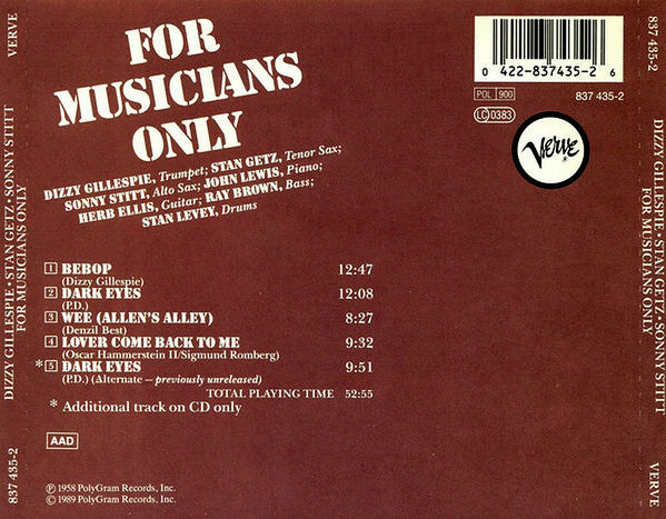 Dizzy Gillespie • Stan Getz • Sonny Stitt : For Musicians Only (CD, Album, RE, RM, Uni)