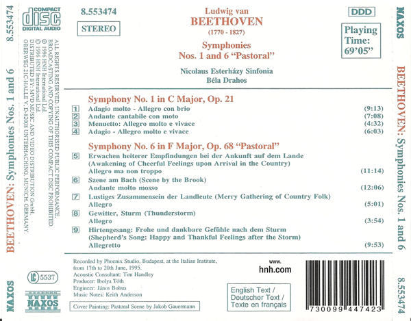 Beethoven* / Nicolaus Esterházy Sinfonia / Béla Drahos* : Symphonies Nos. 1 And 6 "Pastoral" (CD)