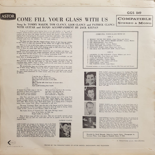 The Clancy Brothers & Tommy Makem : Come Fill Your Glass With Us Irish Songs Of Drinking And Blackguarding (LP, Mono)