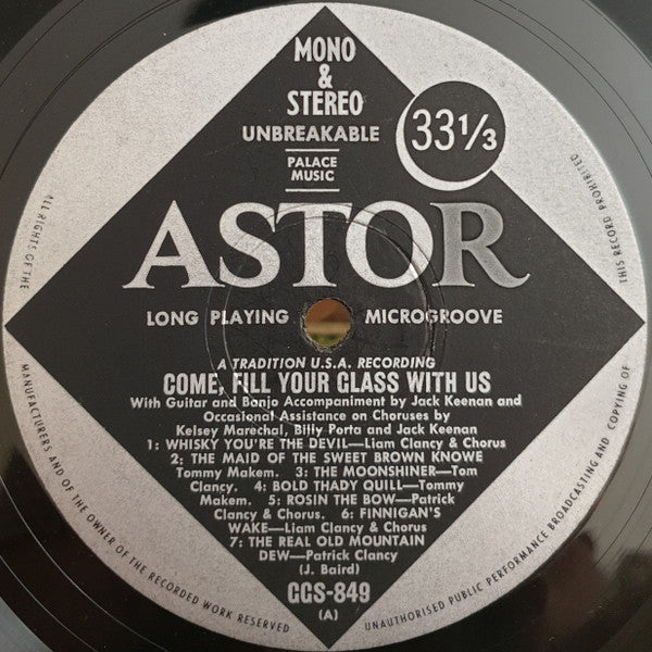 The Clancy Brothers & Tommy Makem : Come Fill Your Glass With Us Irish Songs Of Drinking And Blackguarding (LP, Mono)