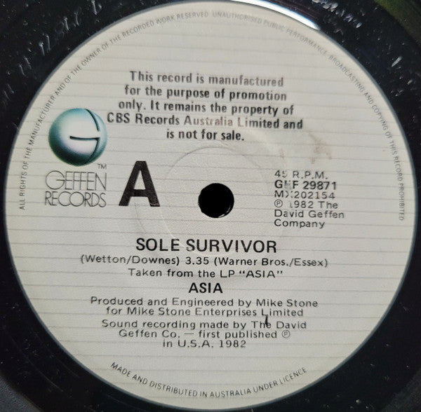 Asia (2) : Sole Survivor (7", Single, Promo)