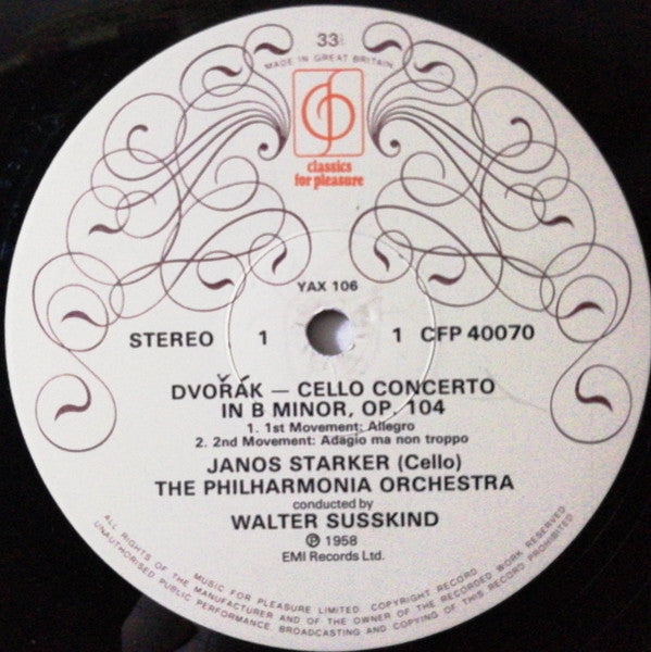 Antonín Dvořák / Gabriel Fauré - Philharmonia Orchestra, Walter Susskind, Janos Starker : Cello Concerto,  Élégie (LP, Album)