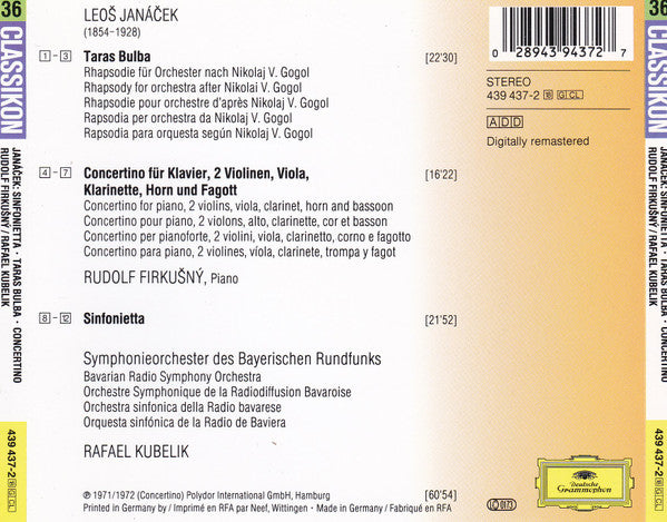 Leoš Janáček - Rudolf Firkušný, Symphonie-Orchester Des Bayerischen Rundfunks, Rafael Kubelik : Sinfonietta • Taras Bulba • Concertino (CD, Comp, RM, PMD)