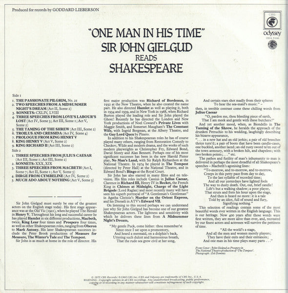 Sir  John Gielgud* : One Man In His Time - Sir John Gielgud Reads Shakespeare (LP)