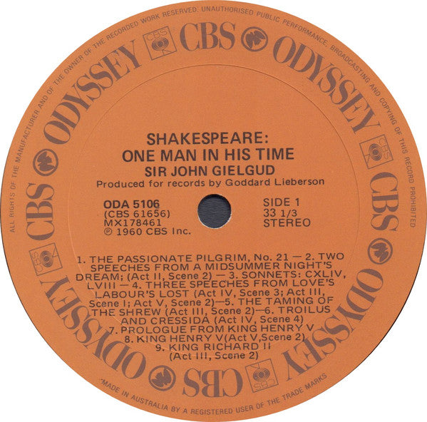 Sir  John Gielgud* : One Man In His Time - Sir John Gielgud Reads Shakespeare (LP)