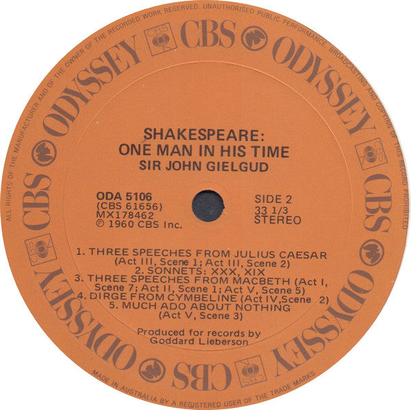 Sir  John Gielgud* : One Man In His Time - Sir John Gielgud Reads Shakespeare (LP)