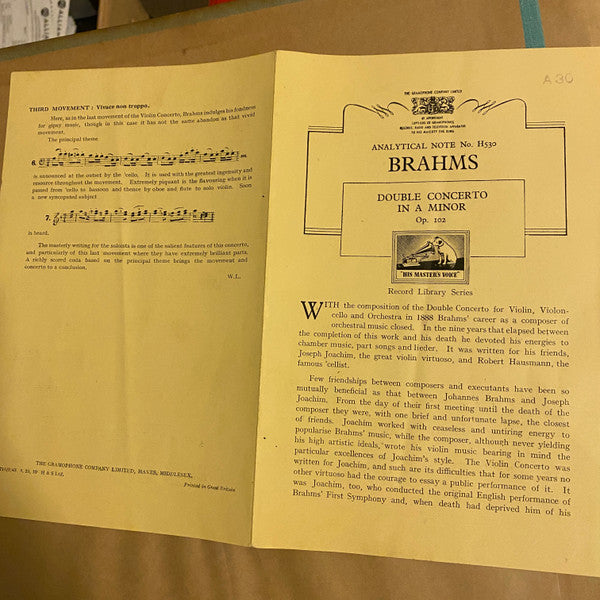 Brahms* - Jascha Heifetz, Emanuel Feuermann, The Philadelphia Orchestra, Eugene Ormandy : Double Concerto In A Minor, Op. 102 (4xShellac, 12", Album)