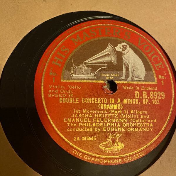 Brahms* - Jascha Heifetz, Emanuel Feuermann, The Philadelphia Orchestra, Eugene Ormandy : Double Concerto In A Minor, Op. 102 (4xShellac, 12", Album)