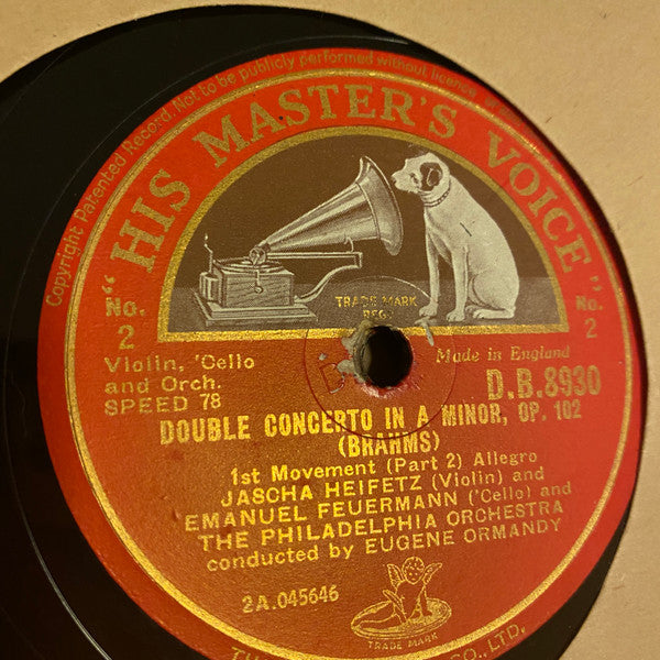 Brahms* - Jascha Heifetz, Emanuel Feuermann, The Philadelphia Orchestra, Eugene Ormandy : Double Concerto In A Minor, Op. 102 (4xShellac, 12", Album)