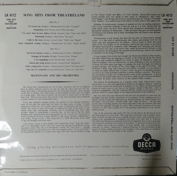 Mantovani And His Orchestra : Song Hits From Theatreland (LP, Mono)