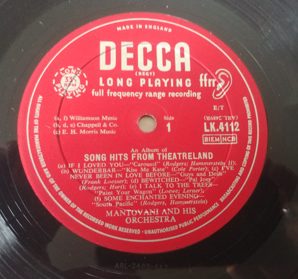Mantovani And His Orchestra : Song Hits From Theatreland (LP, Mono)