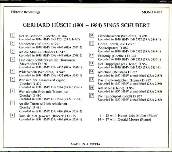 Gerhard Hüsch, Schubert*, Hanns Udo Müller, Gerald Moore : Gerhard Hüsch (1901-1984) Sings Schubert (CD, Mono)