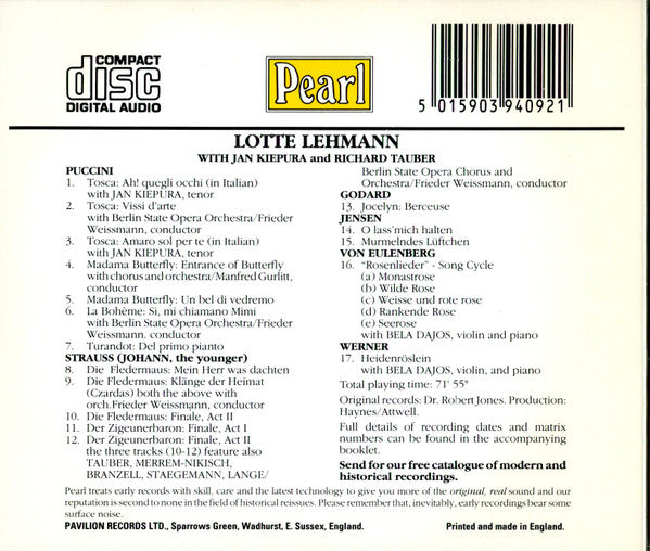 Lotte Lehmann With Jan Kiepura And Richard Tauber : Lotte Lehmann (CD, Comp, Mono)