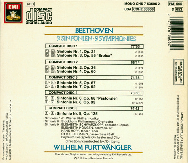 Ludwig van Beethoven, Wilhelm Furtwängler : 9 Sinfonien = 9 Symphonies (5xCD, Mono, RM + Box, Comp)