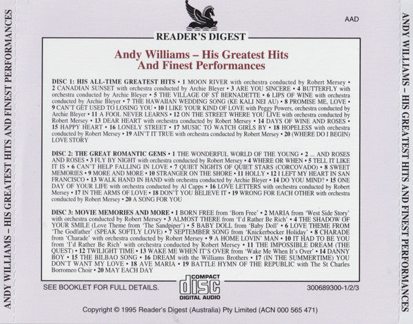 Andy Williams : His Greatest Hits And Finest Performances (3xCD, Comp)