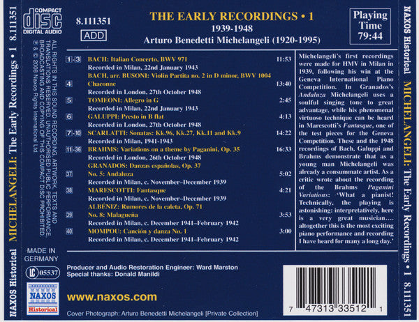 Arturo Benedetti Michelangeli : The Early Recordings - 1 (CD, Comp, Mono)