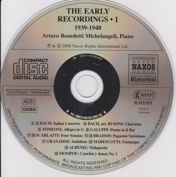 Arturo Benedetti Michelangeli : The Early Recordings - 1 (CD, Comp, Mono)