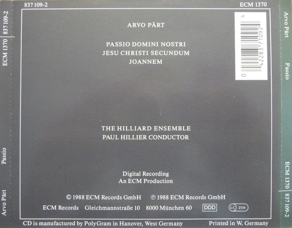 Arvo Pärt - The Hilliard Ensemble : Passio (CD, Album, RE, RP)