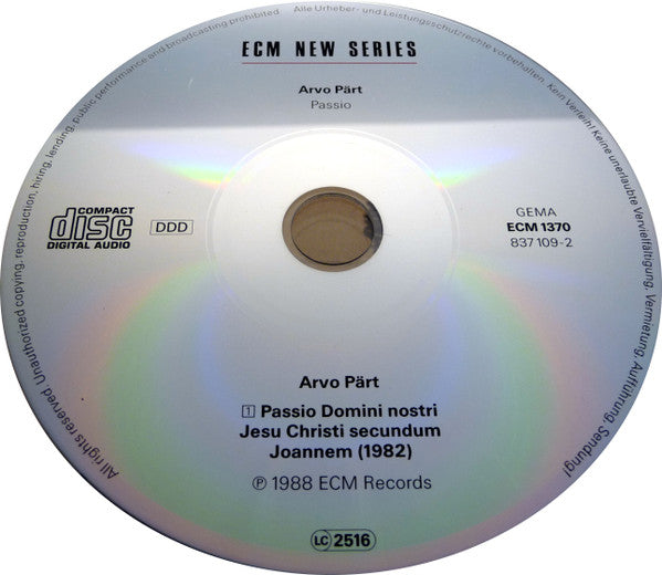 Arvo Pärt - The Hilliard Ensemble : Passio (CD, Album, RE, RP)