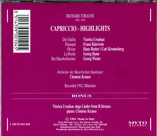 R. Strauss*, Clemens Krauss, Bayerisches Staatsorchester, Viorica Ursuleac, Franz Klarwein, Hans Hotter, Karl Kronenberg, Georg Hann, Georg Wieter : Capriccio Highlights With The Singers Of The World Premiere (CD)