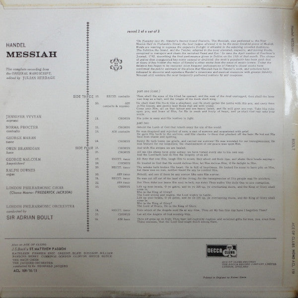 Handel* - Jennifer Vyvyan, Norma Procter, George Maran, Owen Brannigan, London Philharmonic Choir, London Philharmonic Orchestra, Sir Adrian Boult : Messiah - Record 2 (LP, Mono)