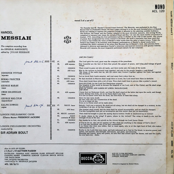 Handel* - Jennifer Vyvyan, Norma Procter, George Maran, Owen Brannigan, London Philharmonic Choir, London Philharmonic Orchestra, Sir Adrian Boult : Messiah - Record 3 (LP)