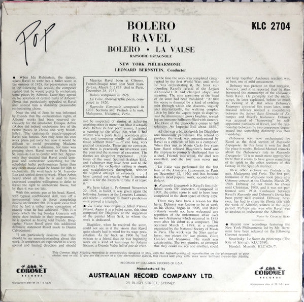 Ravel*, New York Philharmonic, Leonard Bernstein : Bolero · La Valse · Pavane · Rapsodie Espagnole (LP, Album, Mono)