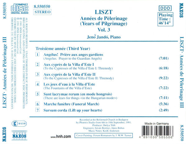 Franz Liszt, Jenö Jandó : Années De Pèlerinage - Years Of Pilgrimage Vol. 3 (Third Year) (CD, Album, RE)