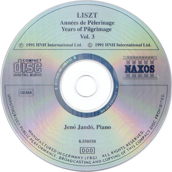 Liszt*, Jenö Jandó : Années De Pèlerinage - Years Of Pilgrimage Vol. 3 (Third Year) (CD, Album, RE)