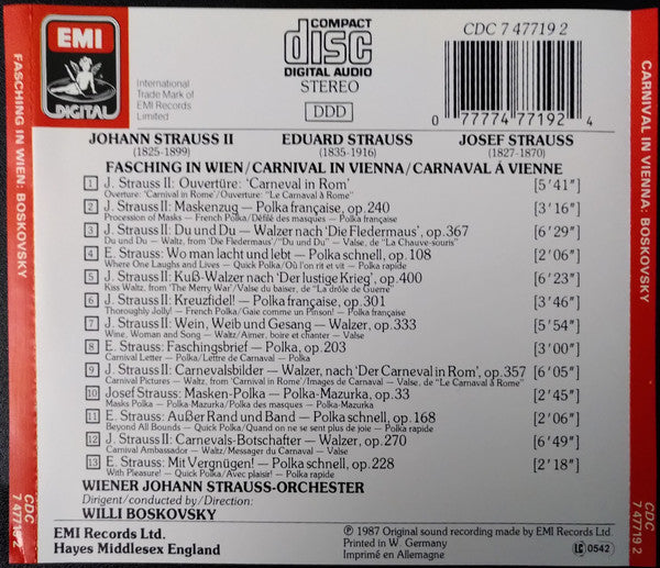 Johann Strauss Jr. · Josef Strauß · Eduard Strauß — Wiener Johann Strauss Orchestra, Willi Boskovsky : Fasching In Wien = Carnival In Vienna (CD, Album)
