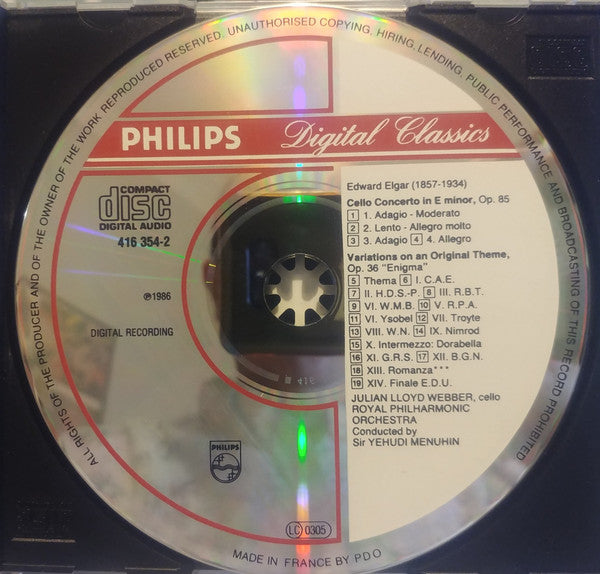 Sir Edward Elgar, Julian Lloyd Webber, Royal Philharmonic Orchestra, Yehudi Menuhin : Cello Concerto Op. 85 • "Enigma" Variations (CD)