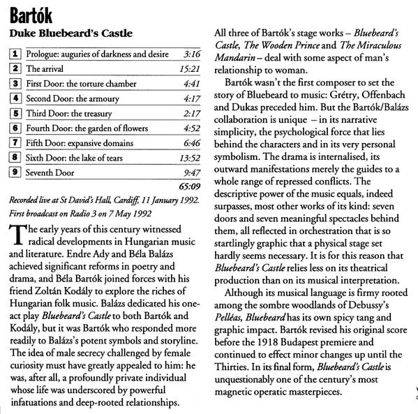 Bartók* – Gwynne Howell, Sally Burgess, BBC National Orchestra Of Wales Conducted By Mark Elder (2) : Duke Bluebeard's Castle (CD)