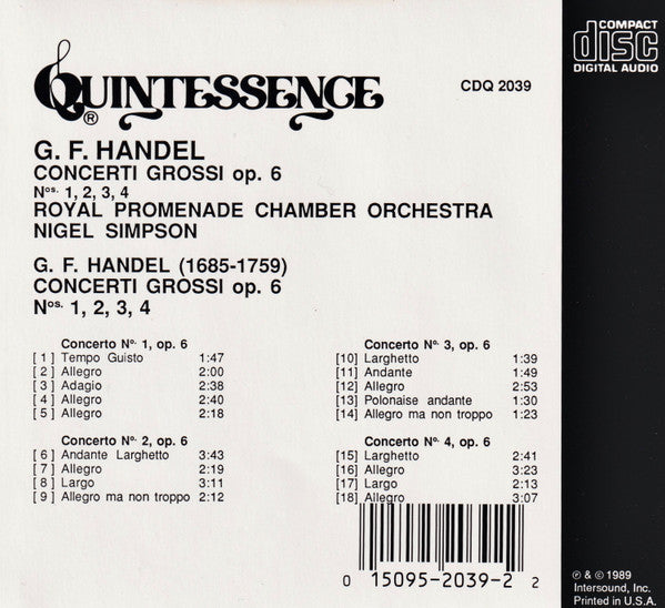 Handel*, Royal Promenade Orchestra, Nigel Simpson : Concerti Grossi Op. 6 Nos 1 - 4 (CD)