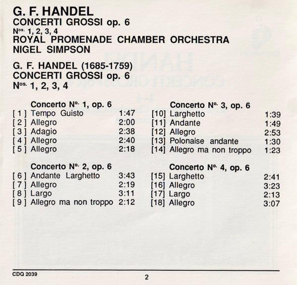 Handel*, Royal Promenade Orchestra, Nigel Simpson : Concerti Grossi Op. 6 Nos 1 - 4 (CD)