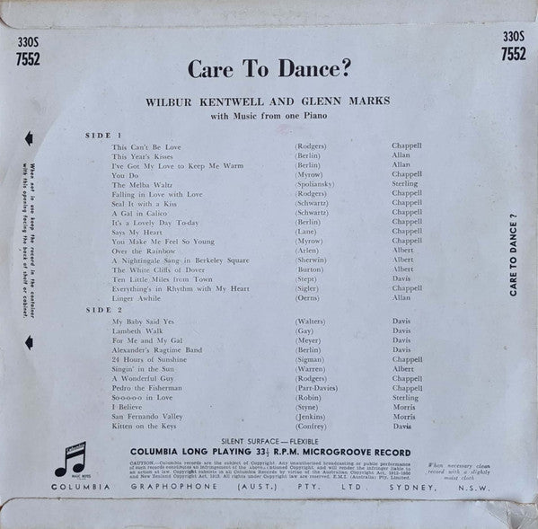 Wilbur Kentwell And Glenn Marks : Care To Dance? (10", Mono)