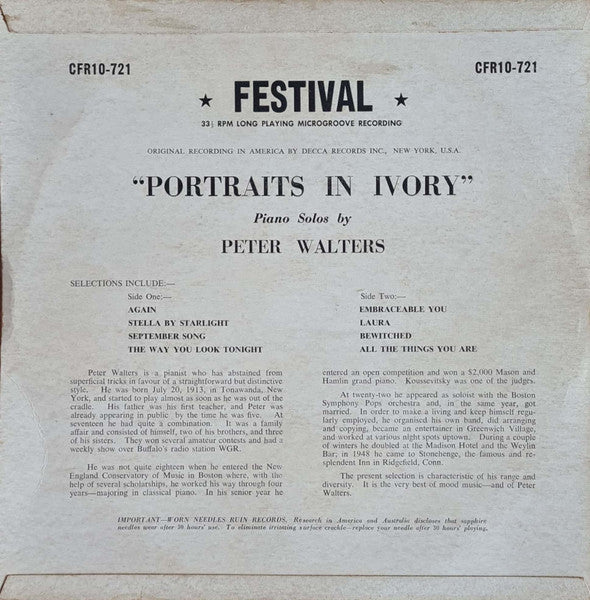 Peter Walters (2) : Portraits In Ivory (10", Mono)
