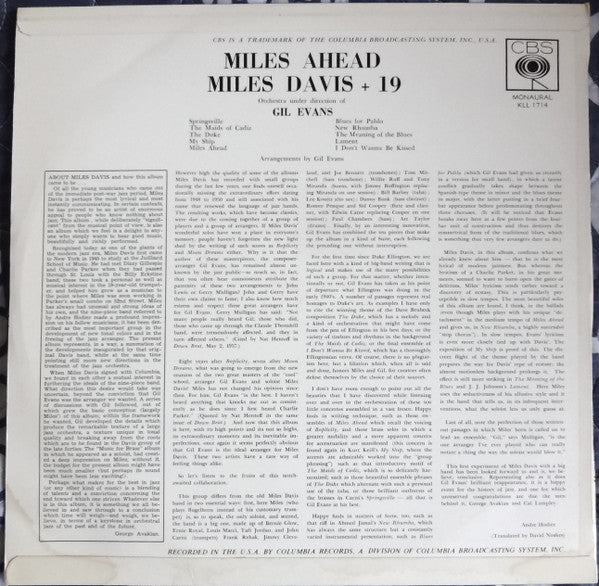 Miles Davis + 19, Gil Evans : Miles Ahead (LP, Album, Mono, RP)
