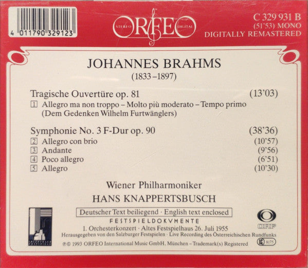Johannes Brahms, Wiener Philharmoniker, Hans Knappertsbusch : Symphonie No.3 (CD, Album, Mono, RM)