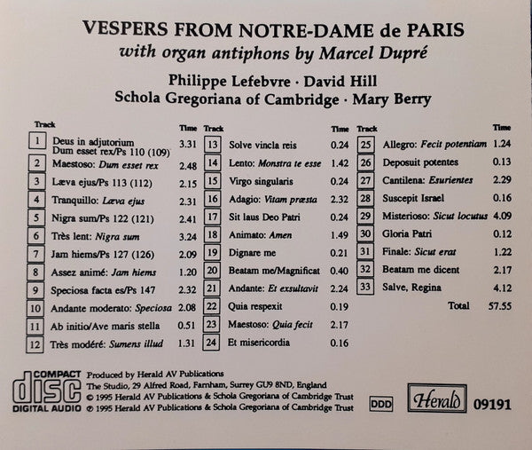 Marcel Dupré / Philippe Lefebvre, David Hill, Dr. Mary Berry*, Schola Gregoriana* : Vespers From Notre-Dame De Paris With Organ Antiphons By Marcel Dupré (CD, Album)