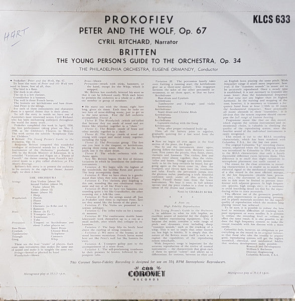 Sergei Prokofiev / Benjamin Britten - Cyril Ritchard, The Philadelphia Orchestra, Eugene Ormandy : Peter And The Wolf / The Young Person's Guide To The Orchestra Op. 34 (LP)