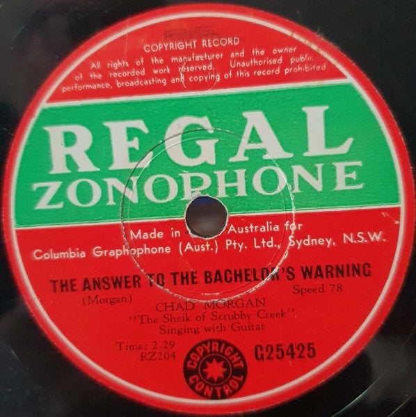 Chad Morgan : The Answer To The Bachelor's Warning / The Duckinwilla Dance (Shellac, 10")