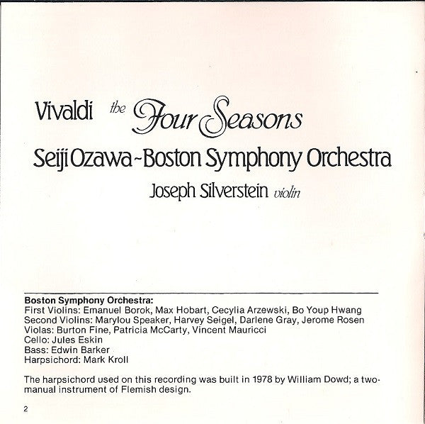 Antonio Vivaldi - Seiji Ozawa, Boston Symphony Orchestra, Joseph Silverstein : The Four Seasons (CD, Album, RE)