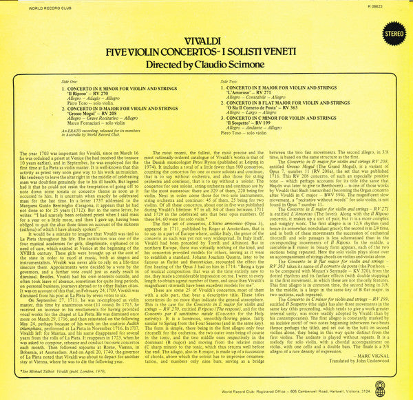 Antonio Vivaldi / I Solisti Veneti Directed By Claudio Scimone : Five Violin Concertos (LP, Album, Club, RE, RP)