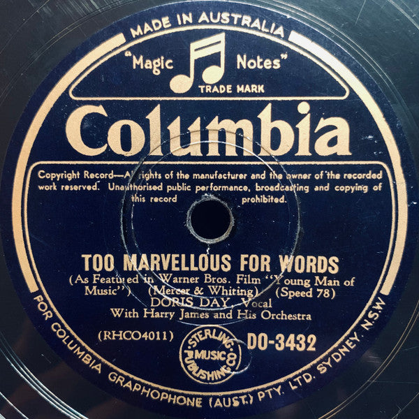 Doris Day With Harry James And His Orchestra : Too Marvellous For Words / With A Song In My Heart (Shellac, 10")