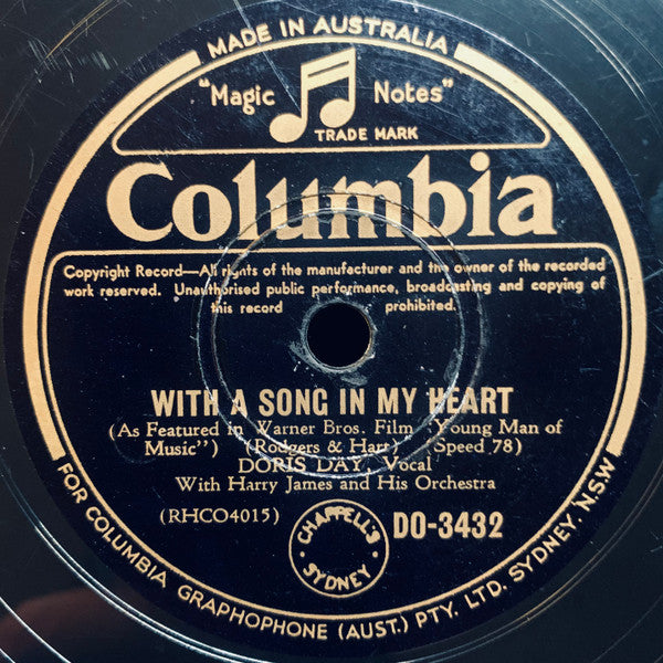 Doris Day With Harry James And His Orchestra : Too Marvellous For Words / With A Song In My Heart (Shellac, 10")