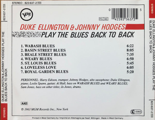 Duke Ellington, Johnny Hodges : Play The Blues Back To Back (CD, Album, RE)