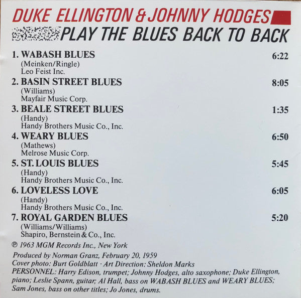 Duke Ellington, Johnny Hodges : Play The Blues Back To Back (CD, Album, RE)